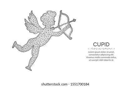 Cupid with bow and arrow low poly design, Angel of Love abstract geometric art, wireframe mesh polygonal vector illustration made from points and lines on white background