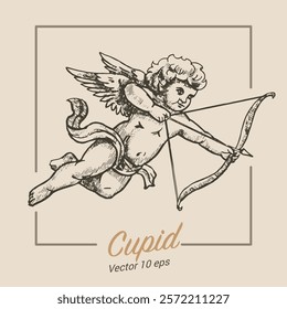 Cupid with bow and arrow, Medieval engraving style illustration