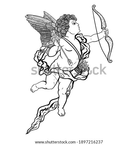 Cupid with bow and arrow, outline drawing of black color isolated on white background, stock vector illustration for design and decoration, coloring book, template, sticker, banner, poster, vintage