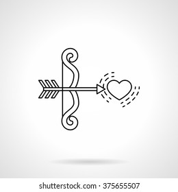 Cupid bow with arrow shooting a heart. Passion and love. Dating. Wedding sign. Flat line style single vector icon. Element for web design, business, mobile app. 