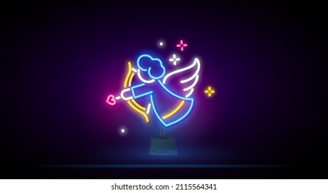 Cupid with a bow and arrow. Cupid shoots. Saint Valentines Day design. Night bright neon sign, colorful billboard, light banner. Vector illustration in neon style.