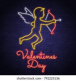 Cupid with a bow and arrow. Cupid shoots. Valentine's day. Neon. Logo, emblem, label. Bright sign, light banner. Celebration. Love. Cupid with an arrow. Vector imageLogo