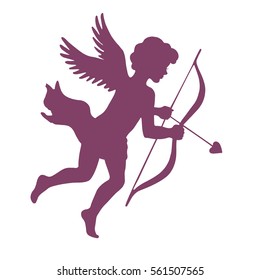 Cupid with bow and arrow, silhouette vector illustration, isolated on white background.