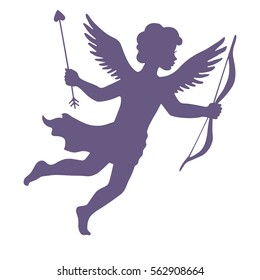 Cupid with bow and arrow, silhouette vector illustration, isolated on white background.