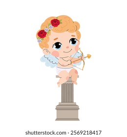 Cupid with bow and arrow sits on a column. Charming cupid. Valentine's Day element. Flat illustration for print, greeting card, poster.