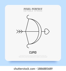 Cupid bow with arrow. Super thin line icon. Symbol of Valentine day, anniversary. Pixel perfect, editable stroke. Vector illustration.