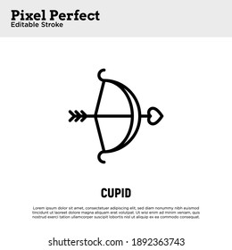 Cupid bow with arrow. Symbol of Valentine day, anniversary. Pixel perfect, editable stroke. Vector illustration.