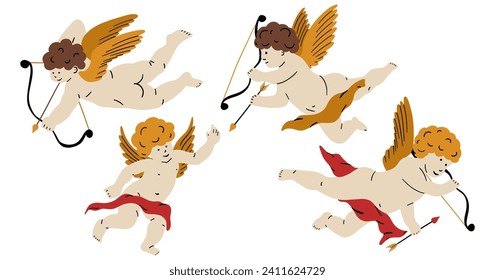 Cupid with bow and arrow. Valentine day collection. Hand drawn cartoon cute elements in retro vintage style. Amur Boy or god eros. Love flying angel Valentine’s Day vector illustration.