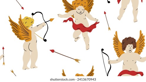 Cupid with bow and arrow. Valentine day seamless pattern. Hand drawn cartoon cute wallpaper in retro vintage style. Amur Boy. God eros. Love flying angel Valentine’s Day background vector illustration