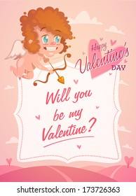 Cupid with bow and arrow. Valentine's Day Card. Vector illustration.