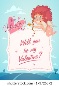 Cupid with bow and arrow. Valentine's Day Card. Vector illustration.