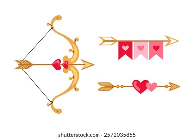 Cupid bow and arrow. Valentine's day gold bow and arrow decorated hearts. Flat illustration on white background.