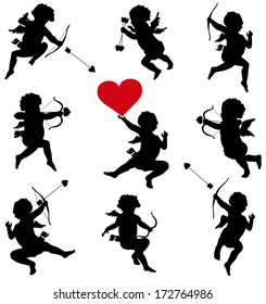 Cupid with bow and arrow vector silhouettes set