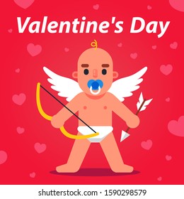 cupid with bow and arrow is watching. cute angel with wings. flat vector illustration