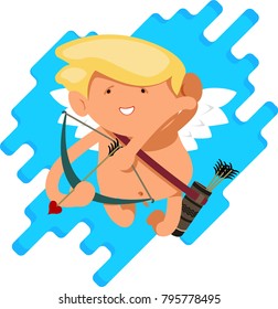 Cupid with a bow and arrows. He is flying, smiling. Painted in a flat style.