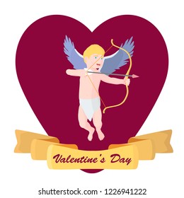 Cupid with bow in the background heart. Little angel is aiming from the bow.	