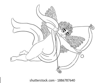 Cupid with bow, contour drawing of black color isolated on white background, stock vector illustration for design and decor, template, clipart, banner, poster, postcard