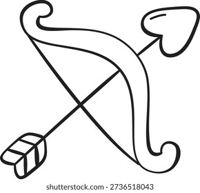 Cupid bow crossed with arrow, heart tip and feather fletching, clean contour lines. Symbol of love, romance, matchmaking, affection, and aim toward relationship. Cartoon vector illustration.