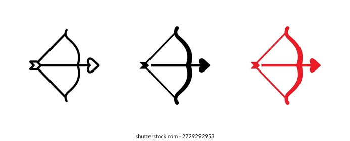 Arco cupido e ícone de seta de coração em contorno, sólidos e estilos vermelhos. Símbolo vetorial romântico para o Dia dos Namorados, amor, namoro, casamento e conceitos de relacionamento.