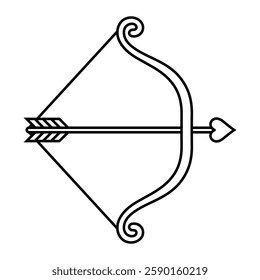 Cupid bow and heart arrow vector icon. Romantic love symbol in doodle style. Black outline isolated on white background.