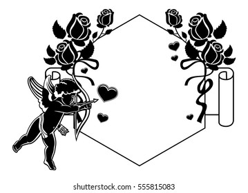 Cupid with bow hunting for hearts. Black and white frame with silhouettes of Cupid, roses and hearts. Design element for greeting card. Vector clip art.