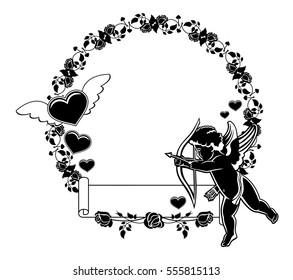 Cupid with bow hunting for hearts. Black and white frame with silhouettes of Cupid, roses and hearts. Design element for greeting card. Vector clip art.
