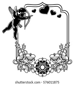Cupid with bow hunting for hearts. Black and white frame with silhouettes of Cupid and hearts. Design element for greeting card. Vector clip art.