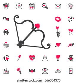 cupid bow icon and arrow with a heart on the white background. Set of Valentines icons