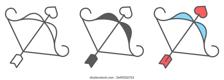 Cupid bow icon collection, valentines day and love, arrow with heart sign vector set graphics, editable stroke linear icon, eps 10