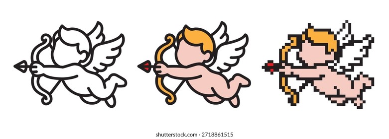 Cupid mit Bogen-Symbol in linear editierbaren Strich-, Farb-Füllung-, Festkörper- und Pixel-Stilen für Valentinstag gesetzt. Niedliche Liebe, Romantik, Dating und Hochzeitssymbole für Karten-, App-, Logo-, Spiel- und Social-Media-Design.
