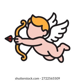 Cupido con icono lineal de arco para el día de San Valentín. Trazo editable y relleno de color. Perfecto para proyectos de diseño romántico, de amor y de vacaciones.