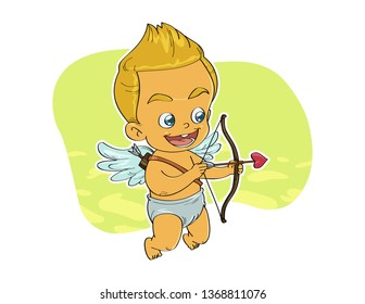 Cupid with bow and love arrow aiming at someone.