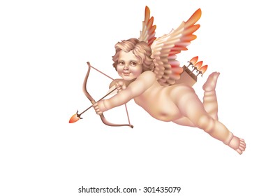 Cupid with a bow right on a white background