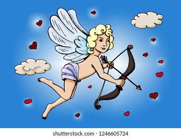 Cupid with a bow in the sky surrounded by hearts. Suitable for your design.