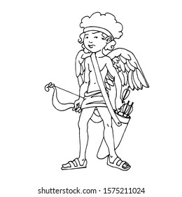 Cupid boy with bow, arrows and wings, god of love, Valentine's day decoration, vector illustration with black contour lines in doodle and hand drawn style