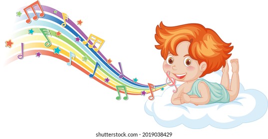 Cupid boy character on the cloud with melody symbols on rainbow  illustration