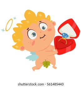 Cupid boy with diamond engagement ring in box. The symbol of Valentine's Day. Cartoon vector illustration on a white background.