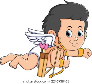 The cupid boy is flying and moving with the love bow of illustration