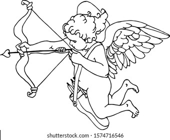 Cupid boy flying on wings, symbol of love, Valentine's day decoration, vector illustration with black contour lines isolated on white background in hand drawn style