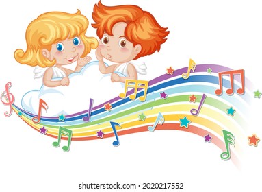 Cupid boy and girl cartoon character with melody symbols on rainbow  illustration