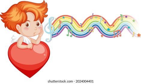 Cupid boy holding heart with melody symbols on rainbow wave illustration