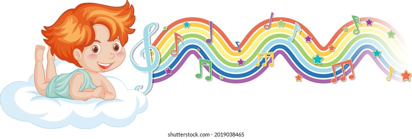 Cupid boy on the cloud with melody symbols on rainbow  illustration