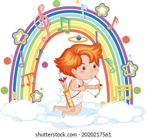 Cupid boy on the cloud with melody symbols on rainbow  illustration