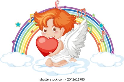 Cupid-Junge auf der Wolke mit Melodie-Symbolen auf Regenbogengrafik