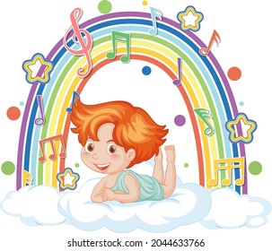 Niño cupido en la nube con símbolos de melodía en ilustración de arco iris