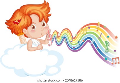 Cupid boy on the cloud with melody symbols on rainbow wave illustration