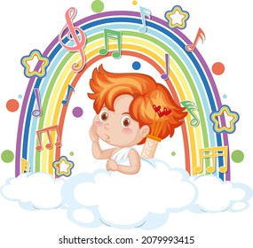 Cupid boy on the cloud with melody symbols on rainbow  illustration