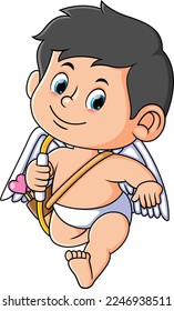 The cupid boy is walking and bringing the arrow and bow of illustration