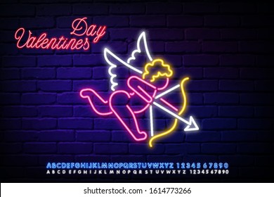Cupid card neon light vector realistic. Valentine's day Cupid is a lovely symbol with neon text.