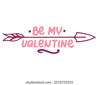 Cupid cartoon line arrow and Be my Valentine quote. Funny pink font and romantic hand drawing border element. Valentines day, typography, greeting card mascot, cartoon cute label vector illustration